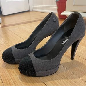 CHANEL grey & black glitter pumps